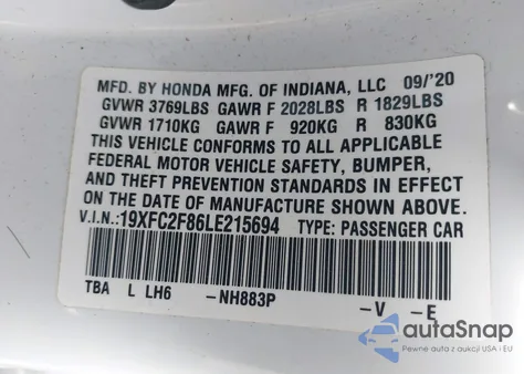 2020 Honda Civic Sport z USA, uszkodzony, nr VIN 19XFC2F86LE215694